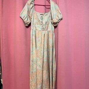 Like NEW Formal Silky Floral Zip Teal Gold Pink Maxi Dress Large